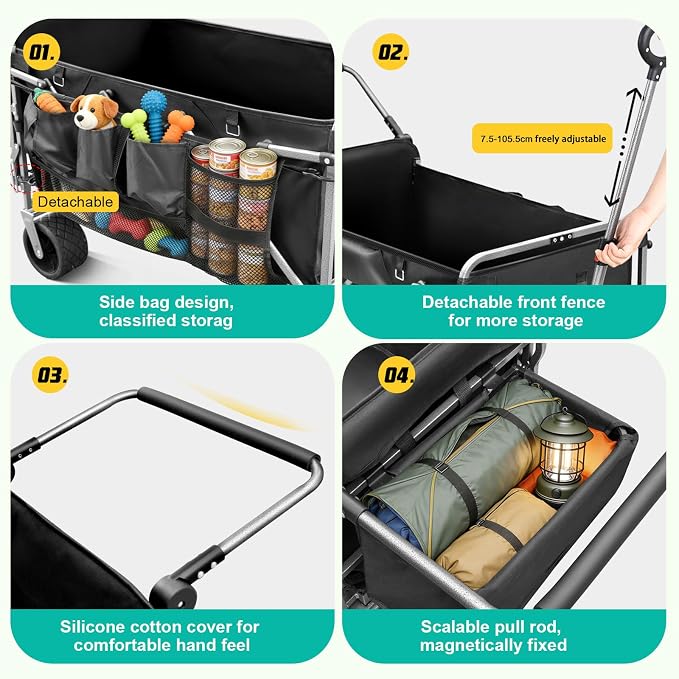 Folding Large Dog Wagon Cart for Senior, Injured & Arthritic Dogs | Heavy Duty Utility Large Dog Stroller Cart Up to 220LBS, All-Terrain, Tailgate, Adjustable Handle, Thick Mat, Storage Baskets