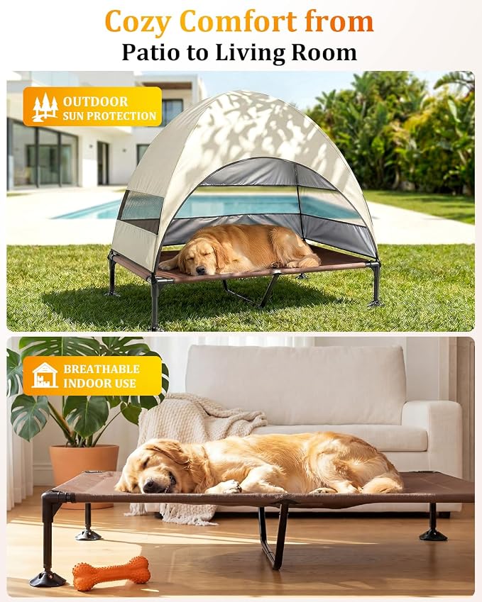 Elevated Dog Bed with Canopy - 3-Sided UV Protection Pet Tent with Wider Shade, Raised Cooling Outdoor Dog Cot with Breathable Mesh for Medium Large Dogs, Portable Bed for Camping, Patio (Khaki, XL)