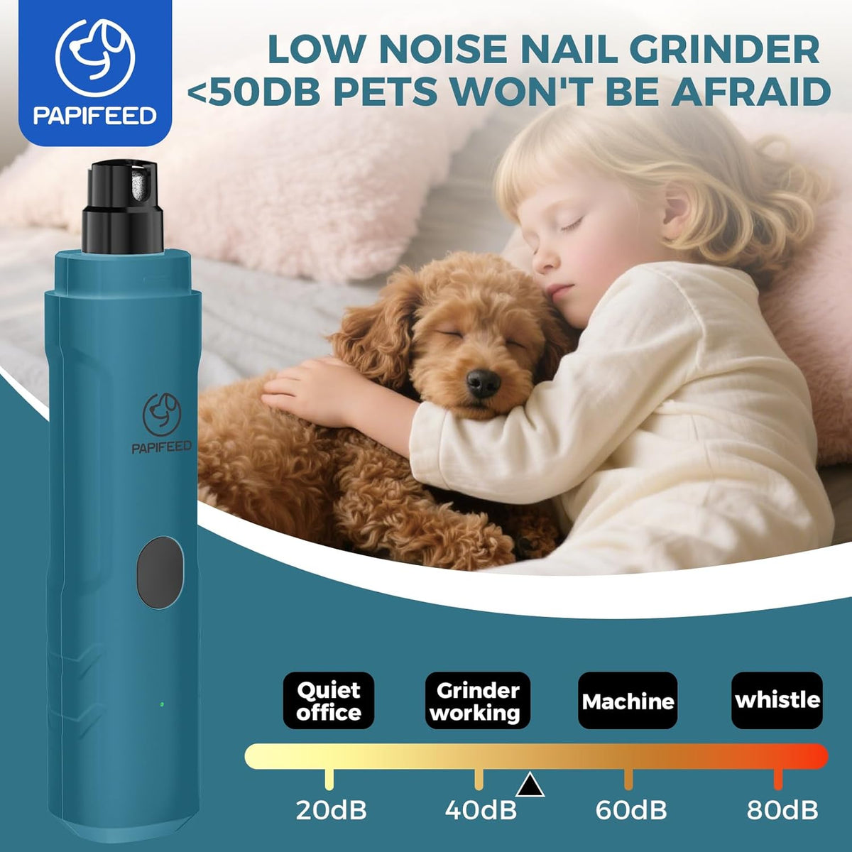 PAPIPAFFEED Dog Nail Grinder Upgraded with 2 LED Lights, 3-Speed Rechargeable & Quiet - Upgraded Electric Pet Nail Trimmer for Small Medium Large Dogs & Cats, Painless Paws Grooming Tool - Blue