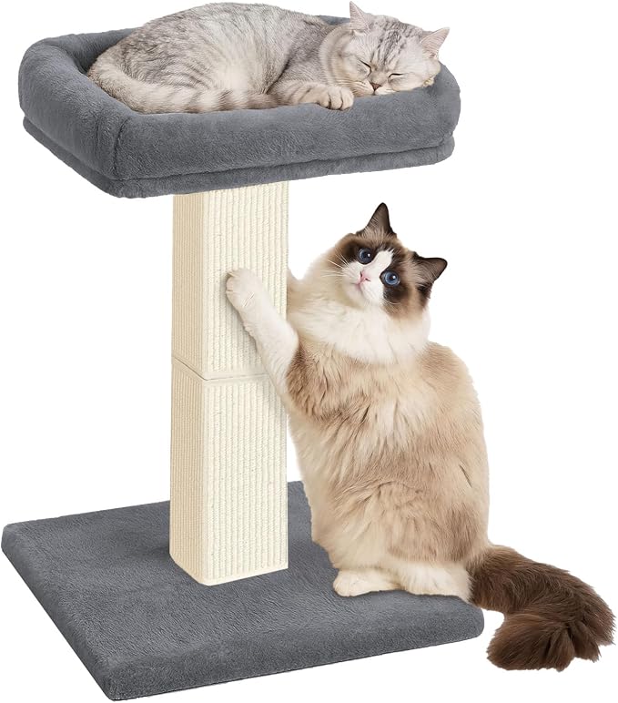 Cat Scratching Post, 32”Cat Scratcher with Large Plush Perch, Sisal & Carpet Scratching Post, Vertical Posts with Elevated Bed for Indoor Cats, Removable& Washable Cover, Grey