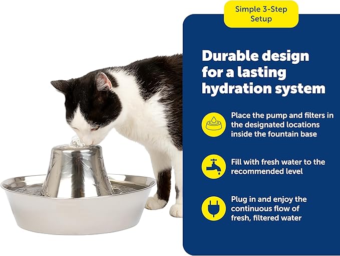 PetSafe Seaside Stainless Pet Fountain - Encourages Hydration - Dual Filtration Removes Odors - Compact Design - Rust Resistant Material - Quiet Motor -