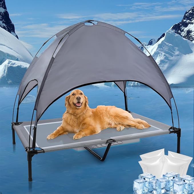 48'' Elevated Outdoor Dog Bed with Canopy, Dog Cot Beds Large Sized Dog | Outdoor Dog Bed with Canopy Medium Large Size Dogs with Ice Pack, Dog Cooling Beds, Outdoor Pet Hammock Beds, Outside Pet Bed