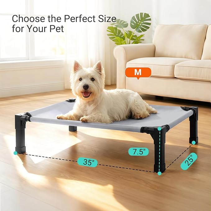 Elevated Outdoor Dog Bed, Raised Dog Bed with Steel Framed 35in | Cooling Elevated Pet Cot with Non-Slip Feet, and Waterproof, Washable, Breathable Teslin Mesh