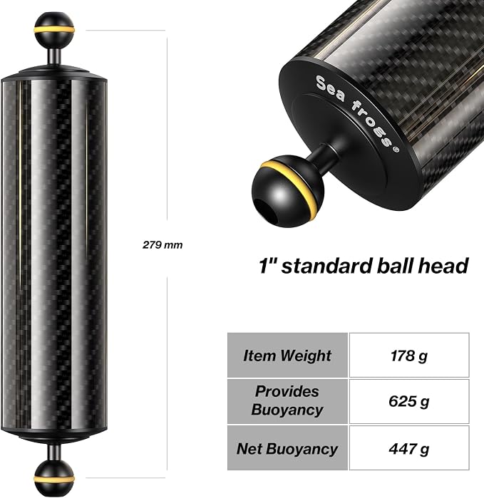 Sea frogs D60mm, 10'', Carbon Fiber Float Arm, Buoyancy Provided 410g | for Ultralight, Aquatic Arm, Underwater Camera System Diving Tray Video Light/Strobe GA-7