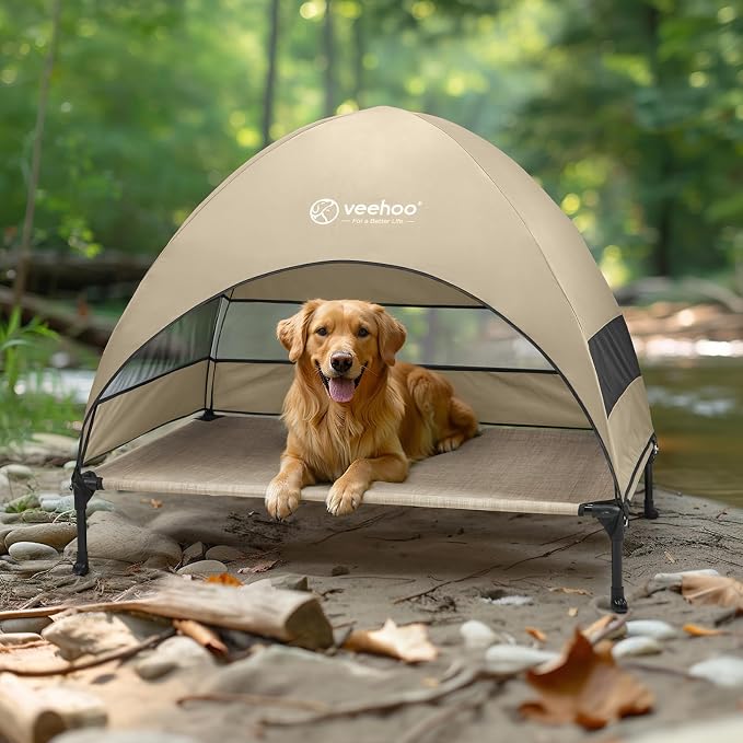 Veehoo Outdoor Dog Bed with Canopy, Cooling Elevated Dog Shade for Outside | Portable Raised Dog Cot with Removable Shade, Sun Protection Dog Tent Outdoor for Camping, Beach, 42" x 33.5", Beige Coffee