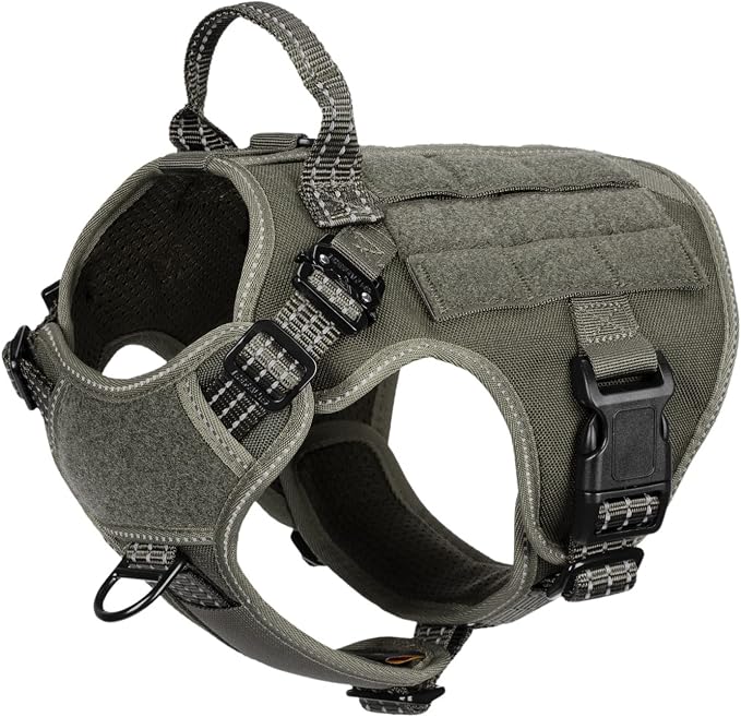 ICEFANG Tactical Dog Harness for Small Dogs,Reflective No Pull Dog Vest | with Control Handle,Adjustable,Front Hook,2 Leash Clips,Soft Padded,MOLLE Panel,Green,Small