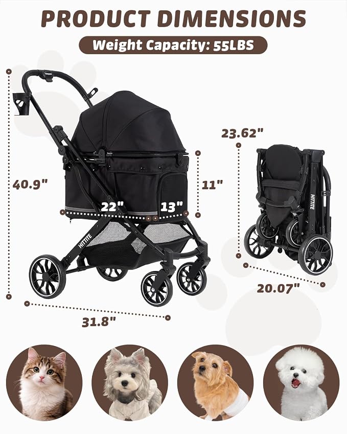 HITTITE Pet Stroller with Weatherproof Cover, All-Terrain 4-Wheel Cat & Dog Stroller with Adjustable Canopy, Foldable Dog Strollers with Storage Basket for Small to Medium Dogs Up to 55 lbs.