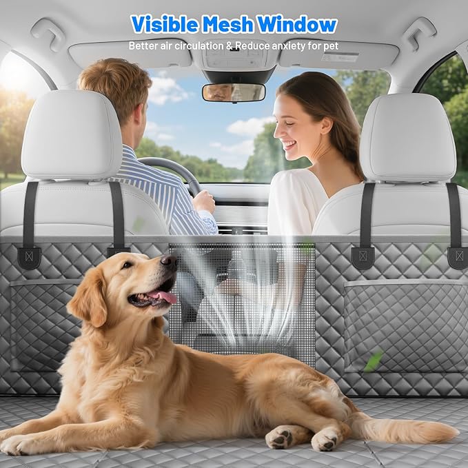 Dog Car Seat Cover for Back Seat,Hard Bottom Hammock Hold 400lbs For Cars | Grey,Waterproof,Anti-Scratching,Safety Non-Slip,600D Oxford,Mesh Window,Storage Pocket,for Cars/SUV/ Sedans/MPV