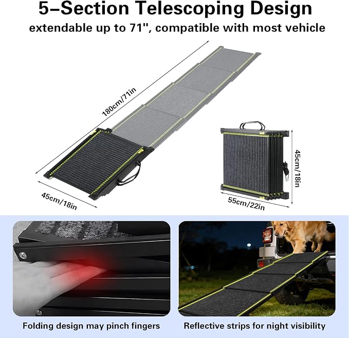 CypherX 71" Dog Ramp for Car SUV, Portable Folding Pet Ramp for Large Dogs | Gentle Incline Dog Car Ramp, Non-Slip Carpet Surface, Telescoping Anti-Pinch Pet Stairs, Sturdy Aluminum Supports 250lbs