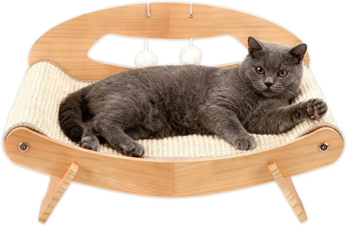 LECHONG 3-in-1 Large Sisal Cat Scratch Bed, Thicker Natural Sisal 22” Elevated Wooden Frame Hammock Lounge for Indoor Cats Sleep, Scratch & Play