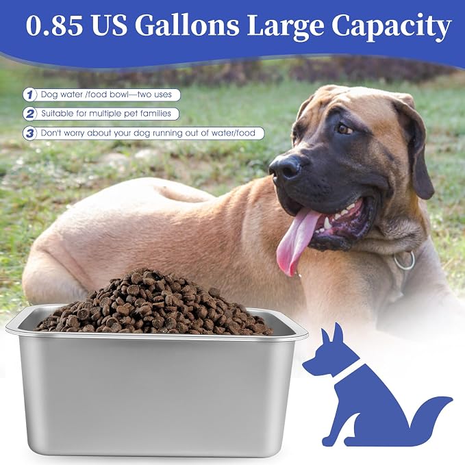 0.85 Gallon Wide Dog Water Bowl, Stainless Steel Bowl, Small Dogs | 12.6 x 8.7 x 2.8 in Bowl, Food or Water Use, Indoor Outdoor Use, Wide Opening, Rounded Corners, Easy Rinse, Small Dogs