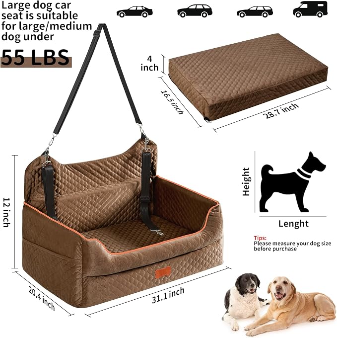 Dog Car Seat for Large/Medium Dogs - Memory Foam Dog Booster Seat for Under 55Lbs or 2 Small Dogs-Detachable and Washable Travel Bed with Thick Cushion and Storage Pockets-Brown