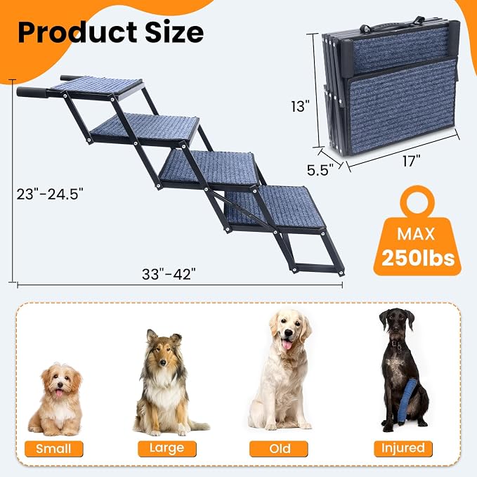 Dog Stairs for Car, 42''x 17'' Extra Wide Dog Stairs for Large Dogs to 250 LBS, Portable Dog Steps with Removable Non-Slip Surface, 4 Steps Foldable Dog Ramp for Car, SUV, High Bed/Couch