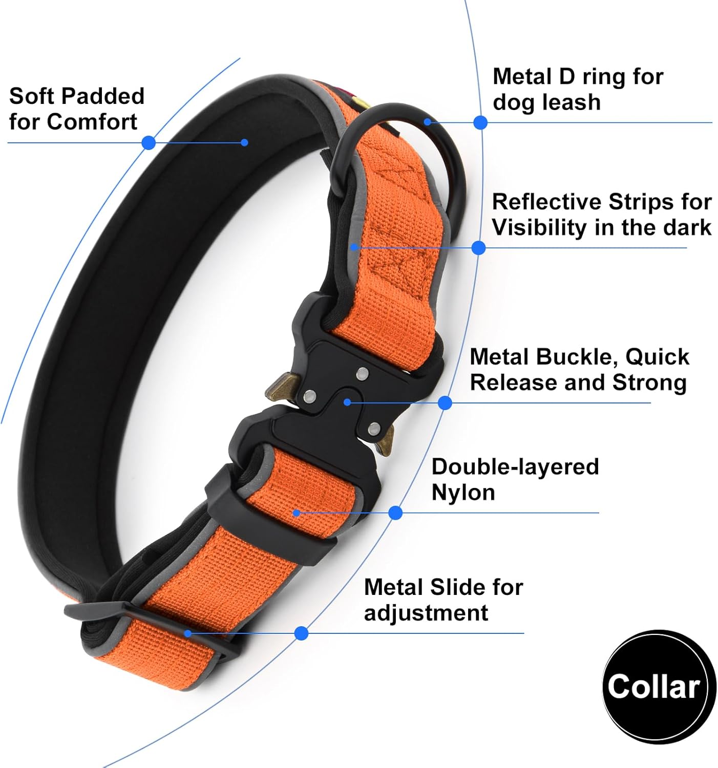 Plutus Pet Tactical Dog Collar, Reflective, Adjustable Heavy Duty Dog Collar, Soft Padded and Comfortable, for Small Medium and Large Dogs (Orange, S)