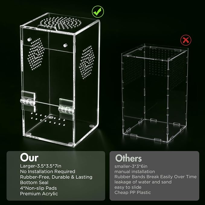 Pre-Assembled Jumping Spider Enclosure, All-Side Ventilation | 3.5"×3.5"×7" Escape-Proof Spider Terrarium Kit with Accessories & Magnetic Door for Tarantula, Mantis, Tweezer & Temp Sticker