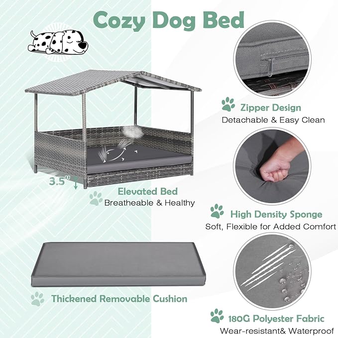 Outdoor Wicker Dog Bed with Canopy, Indoor HDPE Rattan Dog House, Raised Dog Cot Pet House, Elevated Pets Sofa w/Washable Cover, Waterproof Roof Shelter, Removable Cushion Lounge