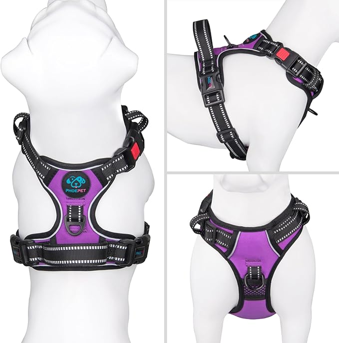 No Pull Dog Harnesses for Small Dogs Reflective Adjustable | Front Clip Vest with Handle 2 Metal Rings 3 Buckles [Easy to Put on & Take off](S, Purple)