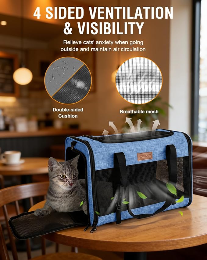 PETUX Large Pet Carrier for Large Cats up to 20 lb for Travel | Top & Side Entry, 4 Side Breathable, Foldable Soft Cat Travel Carrier with Safety Car Seat Buckle & Anti-Scratch Mesh, Blue