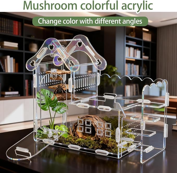 Magnetic Acrylic Jumping Spider Enclosure with Mushroom House, Easy-Feed Hole & Front Opening – Terrarium for Tarantula, Mantis, Beetle, Gecko, Hermit Crab, Reptile Habitat