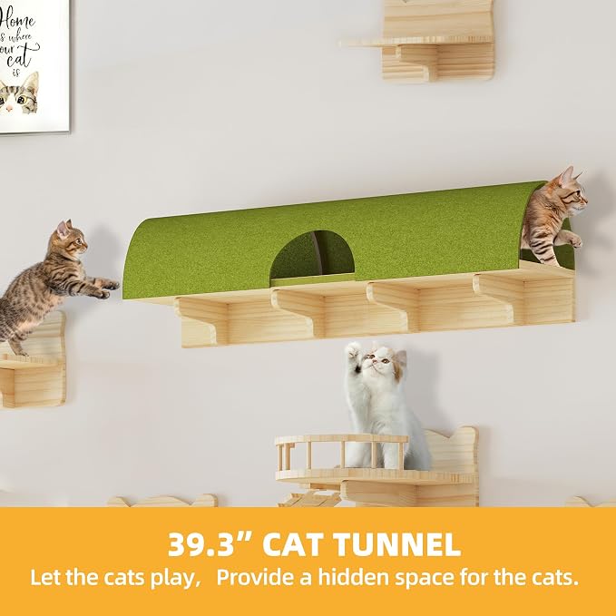 16-in-1 Cat Shelves for Wall, Cat Wall Furniture w/Tunnel & Bridge | Multi-Level Floating Cat Shelves for Space Saving, Solid Wood Cat Climbing System with Scratching Posts, 2 Condos, Burlywood
