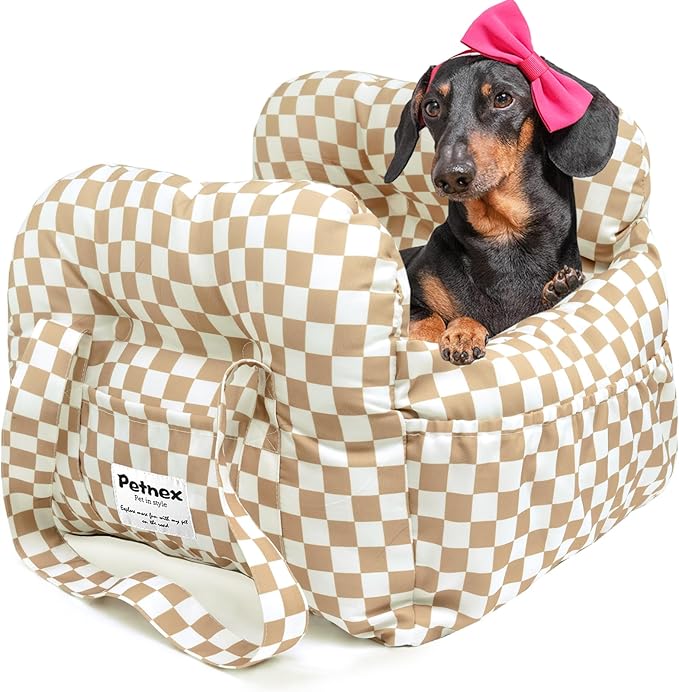 Dog Car Seat for Small Dogs, Portable Puppy Car Seat of Easy Installation, Fashionable Pet Carrier Bag with Large Pockets, Machine Washable Dog Booster Seat (Checkered Khaki)
