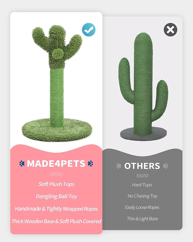 Made4Pets Cactus Cat Scratching Post for Small Indoor Cats & Kittens, 21.7" | Natural Sisal Rope Cat Scratcher with Stable Base and Plush Ball for Kittens to Scratch, Play and Develop Healthy Habits
