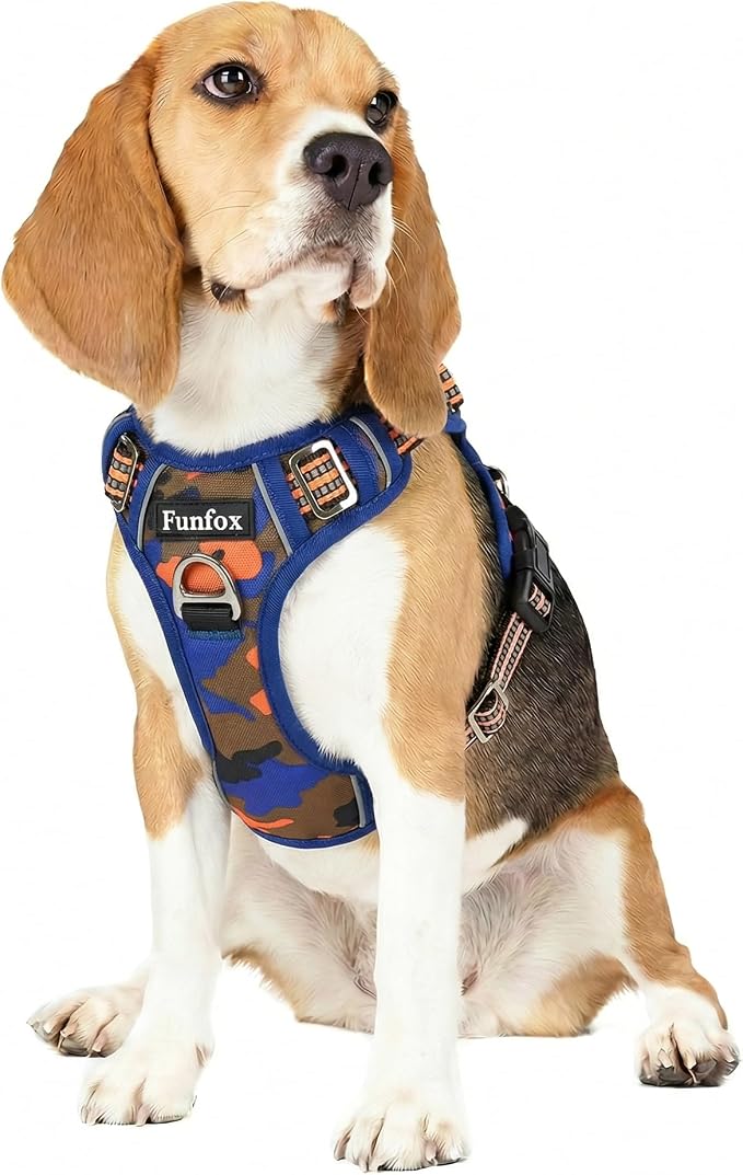 Dog Harness No Pull, Adjustable Pet Vest Harness, Super Soft Material with Vertical Handle Easy Control, Reflective Night Walking, 2 Leash Clips for Medium Sized Dogs, Camo Orange, M