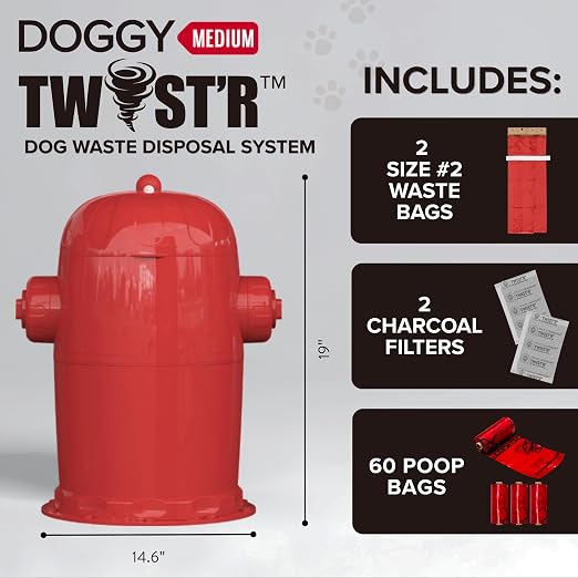 Red Rocket Doggy Twist'R Medium Waste Disposal System, Dog Poop Trash Can | Odor Control, Indoor/Outdoor, Holds Up to 15 Lbs, Includes 2 Size #2 Odor Blocking Bags, 2 Charcoal Sachets, 60 Poop Bags
