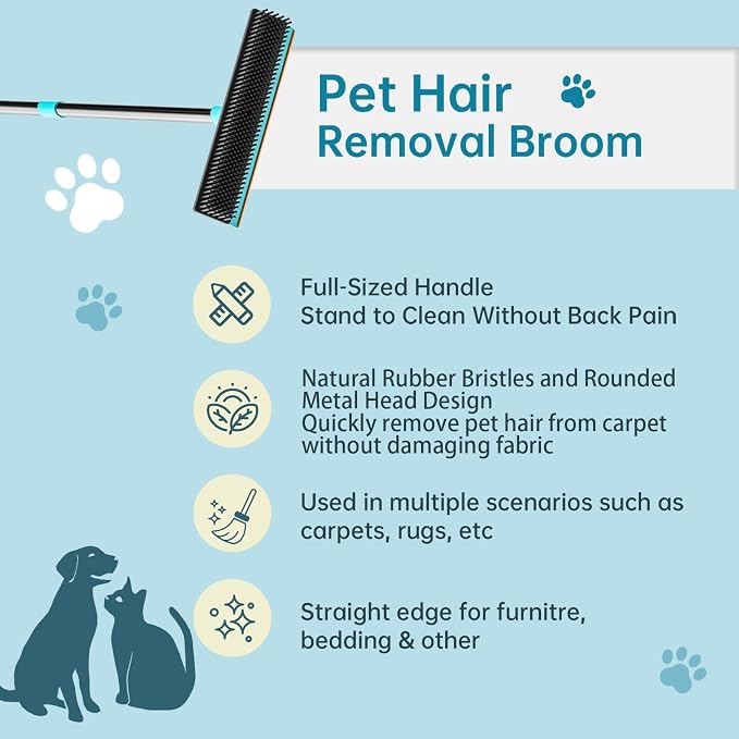 Carpet Rake 60" Long Handle, Pet Hair Remover, Carpet Broom, 3Pcs | Metal Fabric Edge, Carpet Scraper, Rug Rake, Pet Hair Broom, Carpets, Rugs, Mats, Couch, Stairs, Pet Hair Removal Tool
