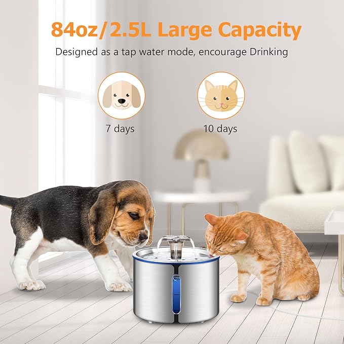 BOORCA Cat Water Fountain, 84oz/2.5L Stainless Steel Pet Water Fountain for Cats, Dogs and Multiple Pets, Automatic Dog Water Dispenser with Water Level Window, Ultra-Quiet Pump