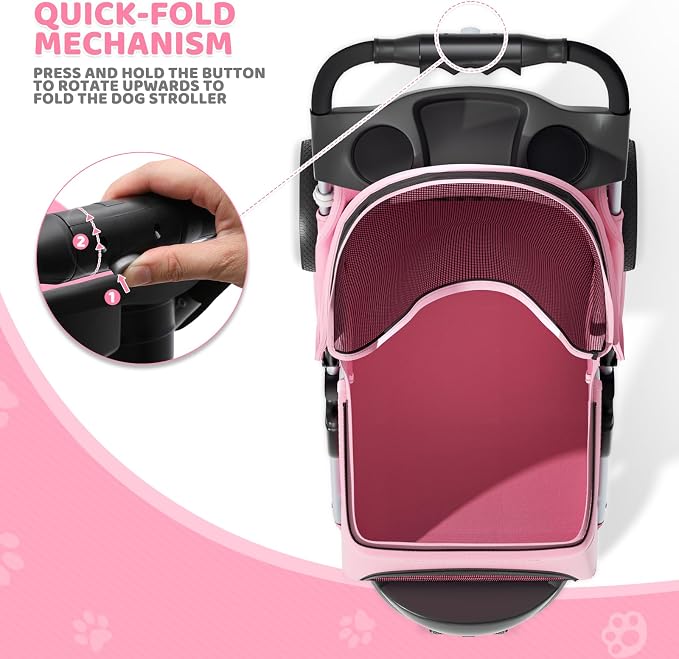 Magshion 3-Wheel Pet Stroller, Foldable Travel Jogger for Small & Medium Dogs & Cats (Up to 33lbs), Lightweight Carrier with Breathable Mesh Cover, Cup Holder & Storage Basket, Pink