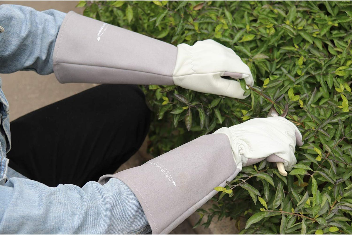HANDLANDY Long Gardening Gloves for Men & Women, Thorn Proof Rose Pruning Gloves Leather Gauntlets Garden Glove Yard Work Glove (Medium, Grey)