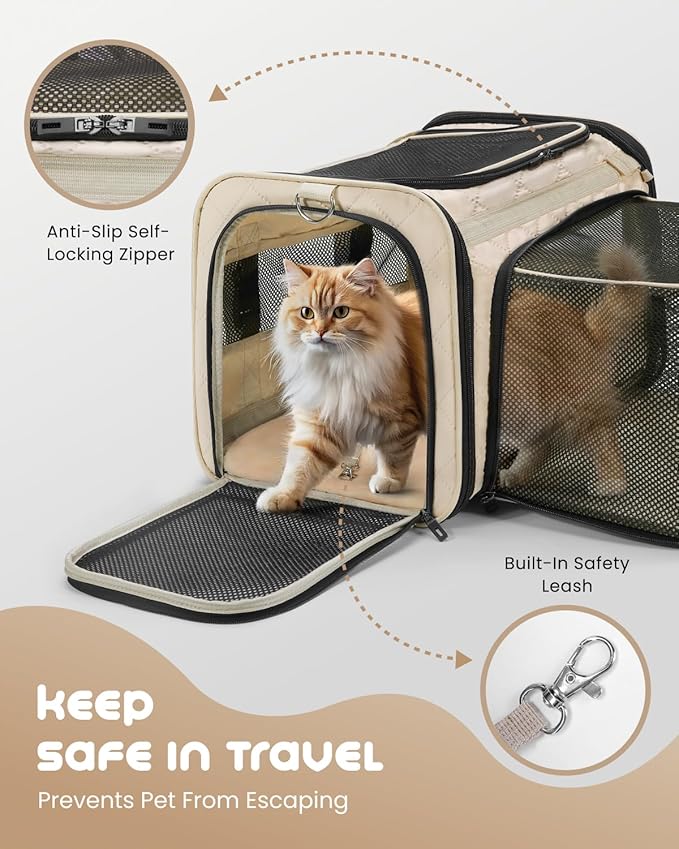 MIDOG Cat Carrier Soft for Small-Medium Cats Up to 25lbs, Airline Approved | Expandable Square Design,Comfort & Breathable Window,Equipped with anti-slip lock zippers and an internal safety leash