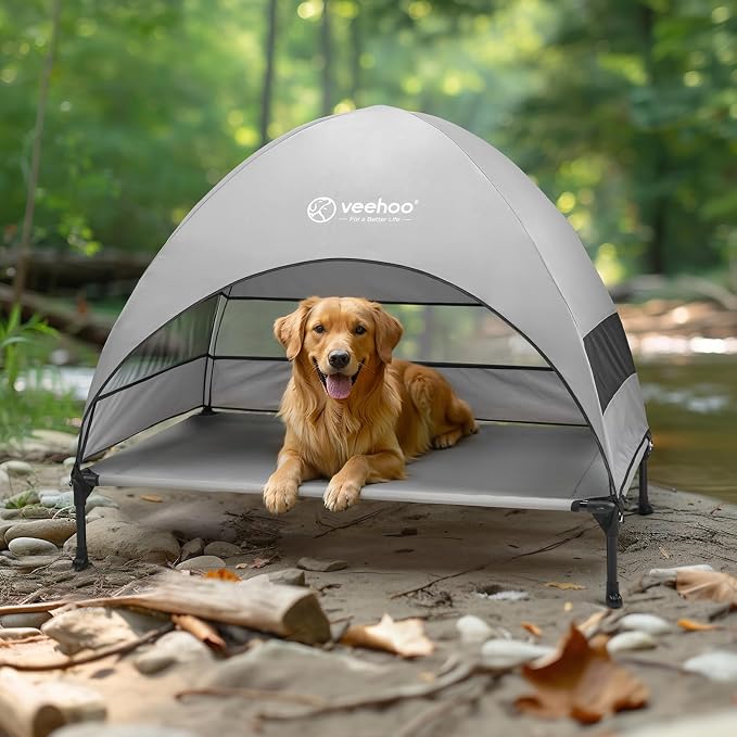 Veehoo Outdoor Dog Bed with Canopy, Cooling Elevated Dog Shade for Outside | Portable Raised Dog Cot with Removable Shade, Sun Protection Dog Tent Outdoor for Camping, Beach, 42" x 33.5", Grey