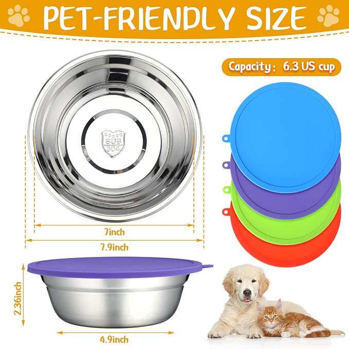 Patelai 8 Pcs Stainless Steel Dog Bowls 7.9" with Silicone Lids Portable Food and Water Dishes for Pets Sealable Containers for Small Medium Dog Cat Indoor (Red,Purple,Green,Blue)