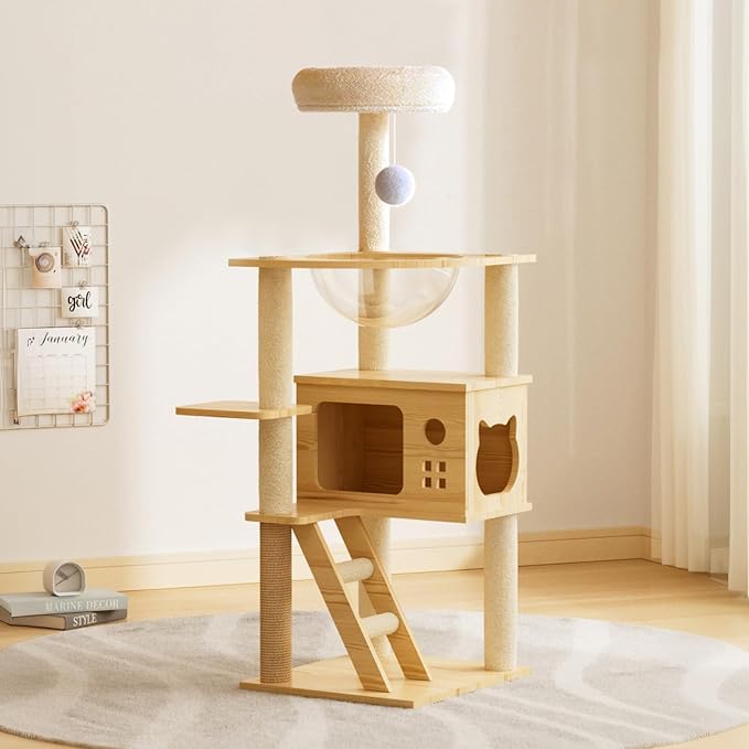 Modern Cat Tower, Wood Cat Tree Tower for Indoor Cats, Cat Tree with Sisal-Covered Scratching Posts and Soft Top Perch, 48.8'' Cat Condo with Acrylic Hammock for Small Large Cats