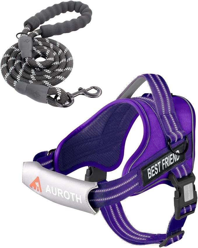 AUROTH Dog Harness and Leash Set for Medium Sized Dog, No Pull Dog Vest | with 5.25FT Dog Leash, Breathable Soft Padded, No choke, Reflective Tactical, Easy to Put on & Take Off - Purple Medium