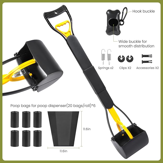 Dog Pooper Scooper 32in - Long Handle with Bag Attachment, Yellow | Made of lightweight ABS plastic. Ideal for large dogs & yard pickup. Includes bag attachment for hands-free cleanup.