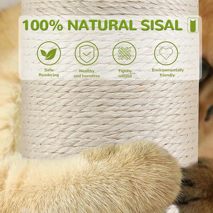 45'' Extra Tall Cat Scratching Post for Large,3.5Inch Natural Sisal Scratcher Tree with Solid Wood Base,Stable Scratch Tower with Interactive Toy,Self Groomer,Climbing Pole for Full Body Stretching