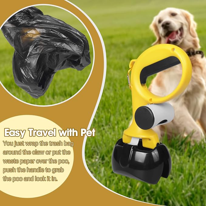 Gegong Pet Pooper Scooper for Dogs and Cats with Trash Bags Holder, Non-Breakable High Strength Material Poop Scooper for Easy Grass and Gravel Pick Up(Including a roll of Trash Bag) (Yellow)