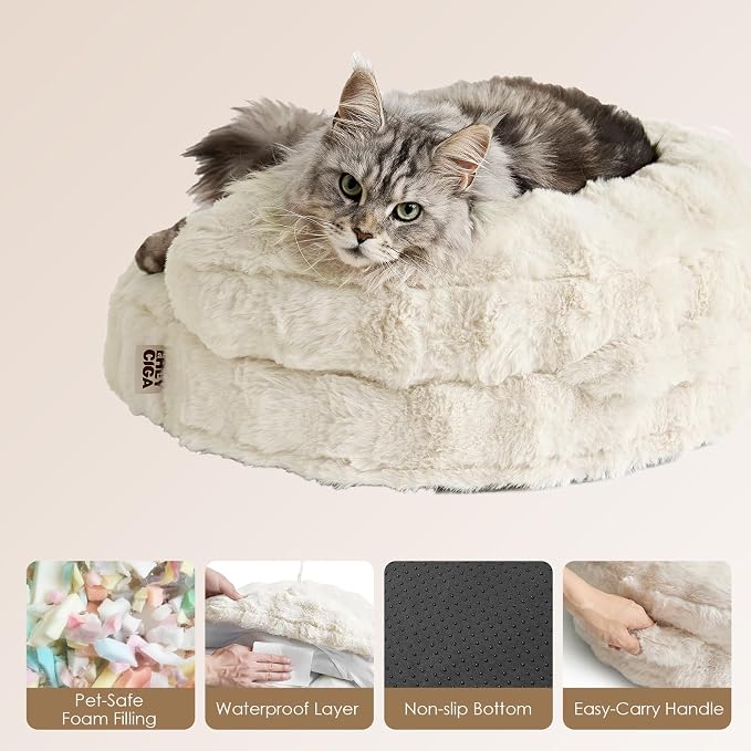 EHEYCIGA Soft Cat Couch Bed for Indoor Cats, Fluffy Small Dog Bed with Removable Washable Cover, Bolster Pet Sofa, Waterproof and Non-Slip, 23" x 23"x 7", Cream