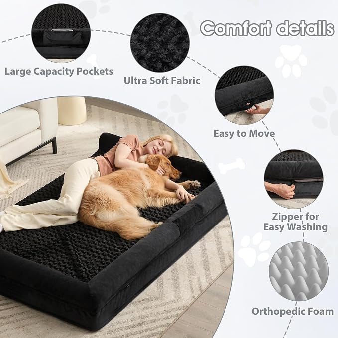 BFPETHOME Orthopedic Washable Human Dog Bed for Adult & Dog Cozy Sleep | Human Size Waterproof Big Soft Pet Couch Bed for Adult & Dogs Relax with Removable Cover Supportive Foam Black 71x46 Inch