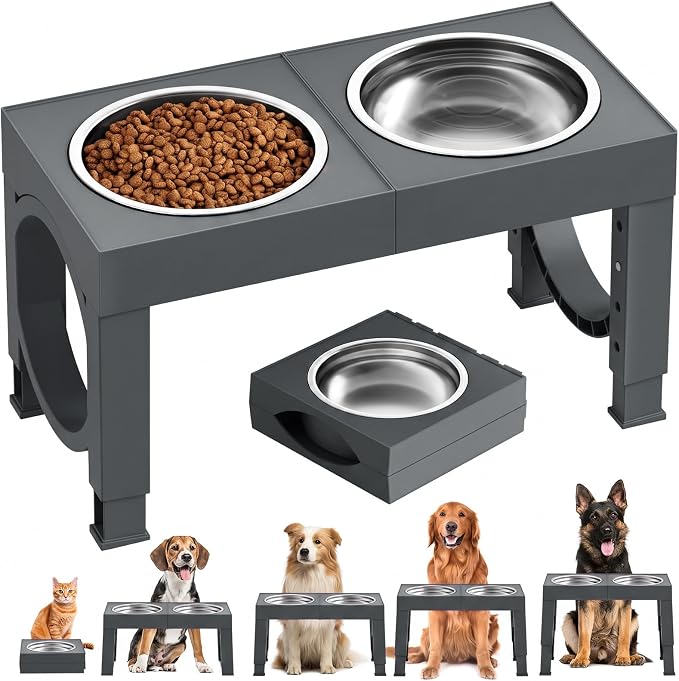 XIAZ Elevated Dog Bowls Large Breed Raised Dogs Bowl Stand Large/Medium Sized Dog Stainless Steel Food Water Bowl Stands 5 Heights Adjustable 9/11/12/14in Pet Feeder Dish Station