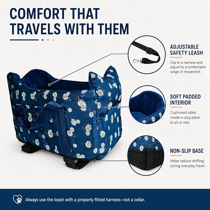 Center Console Dog Car Seat for Small Dogs 5-15 lbs, Nauy Blue | Anti-Collapse Puppy Booster Carseat with Washable Fluffy Cushion, Pillow and Carry Handles