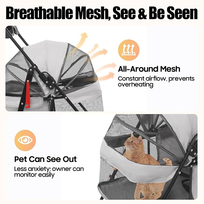 Pet Stroller for Small Medium Dogs Cats, Lightweight Foldable Pet Wagon with 360° Front Wheels & Brake, 40 lbs Capacity Carrier for Park Travel Shopping, Breathable Mesh Basket (Light Gray)