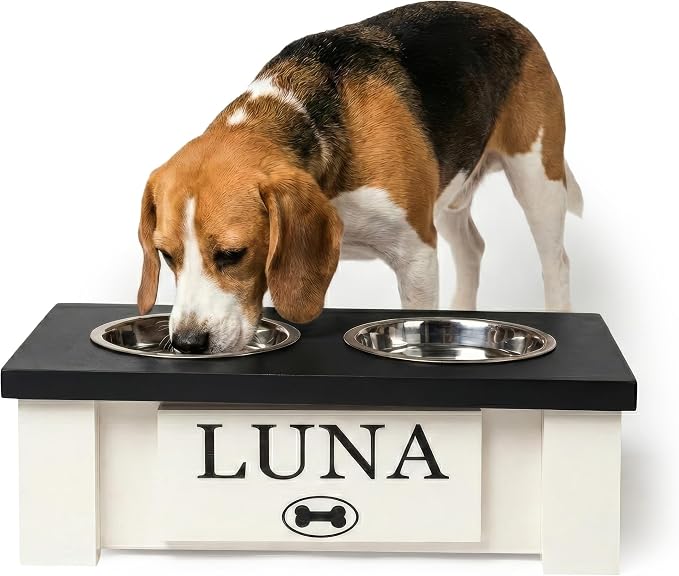 Elevated Dog Bowls for Small Dogs, Personalized Food Stand for Toy Breed | Farmhouse Style, Elevated Wood Stand, Storage Container, Stainless Steel Bowls, Raised Anti-Slip Feeder, Made in USA