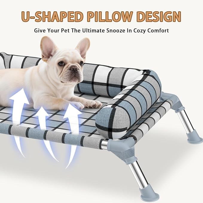 Elevated Dog Bed with Bolster,Portable Raised Lifted Pillow Pet Cot Beds | Breathable Fabric Dogs Hammock Bed for Indoor & Outdoor, Stainless Steel Frame, Anti-Slip Feet