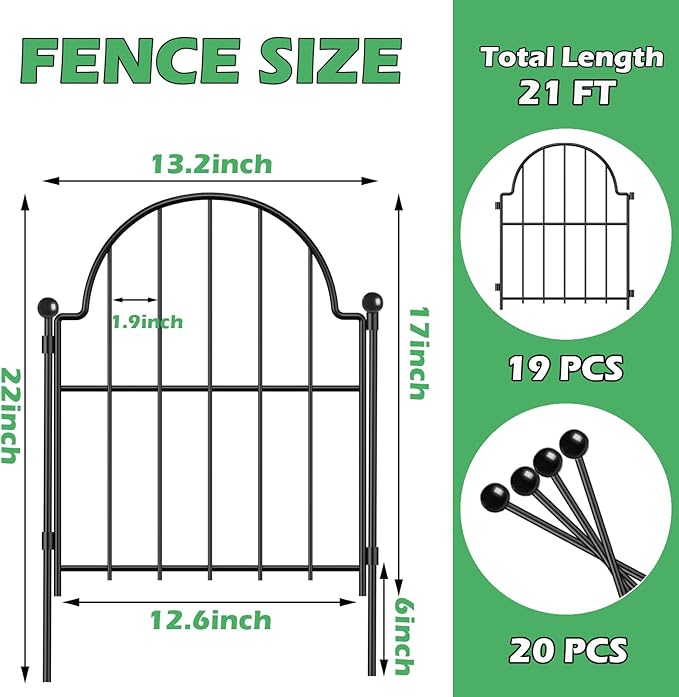 Blingluck Garden Fence, 17 in(H) x 21 ft(L) Arched Rustproof Metal No Dig Fence Garden Fence Border, Ground Stake Animal Barrier Fence for Rabbit Dog, Outdoor Landscape Decor for Yard & Patio,19 Pack