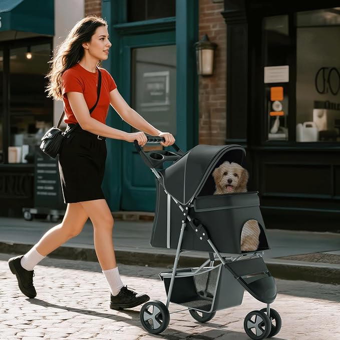 Pet Stroller for Small Dogs 10 lbs, Dog Stroller for Medium Dogs 30 lbs, Cat Strollers for 2 Cats, 3 Wheels Foldable Jogger Puppy Stroller with Storage Basket and Cup Holder, Black Polka Dots
