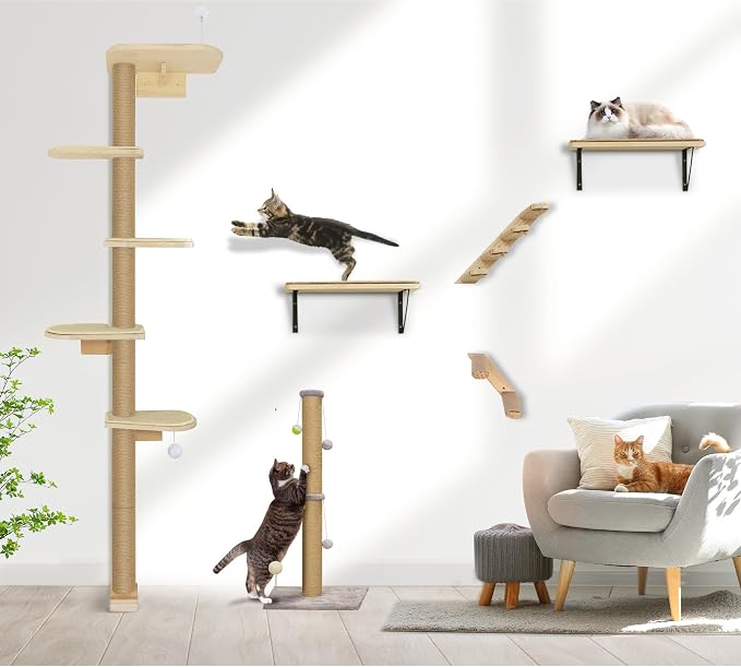 Wild Simulation Cat Tree for Kittens, 5-Level Floor to Ceiling Cat Wall Shelves with Sisal Mat Platforms, Rotating Wall-Mounted Climbing Tower for Scratch, Lookout & Perch